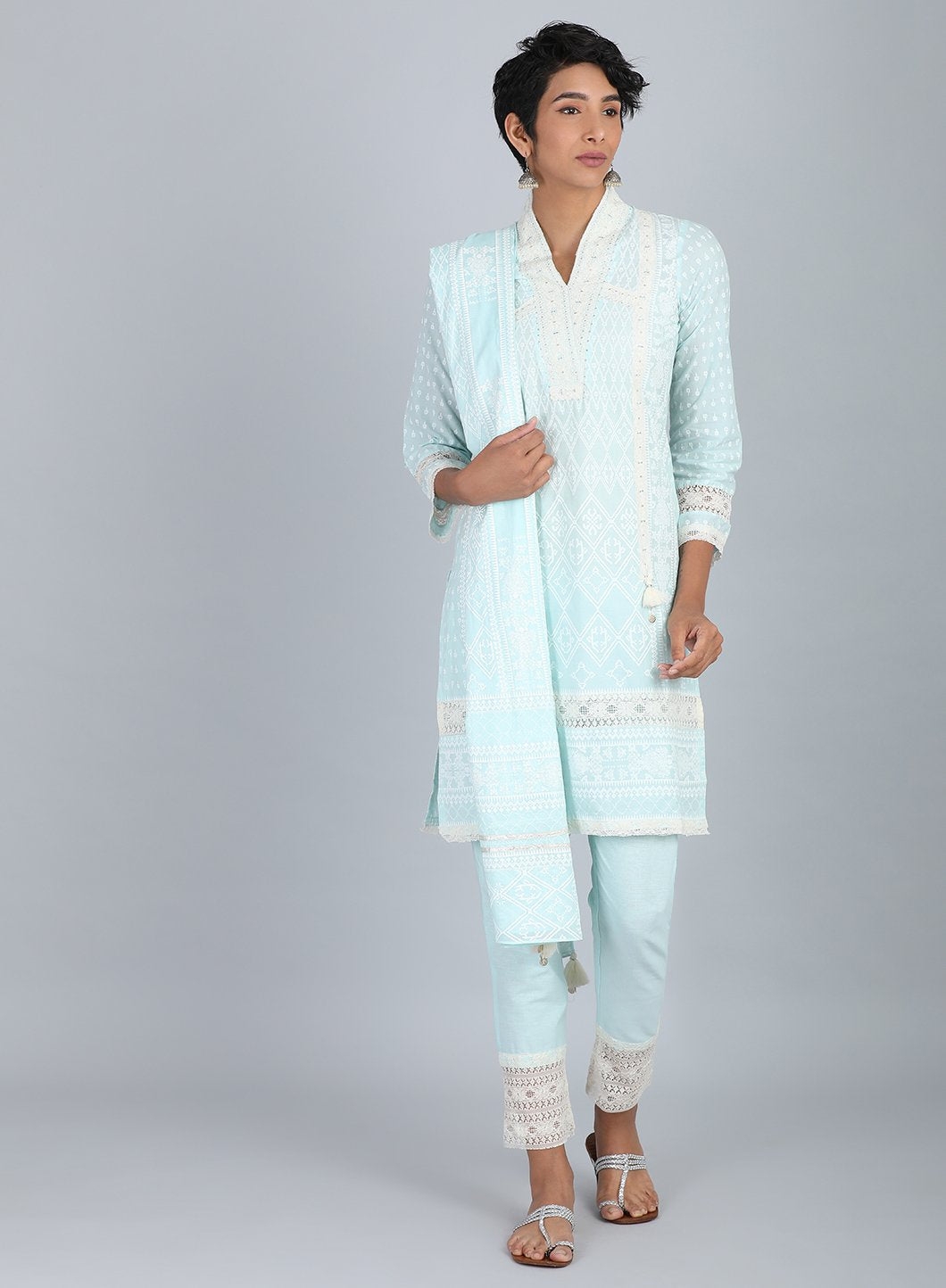 Blue V Neck Printed kurta