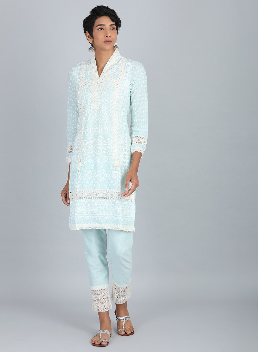 Blue V Neck Printed kurta