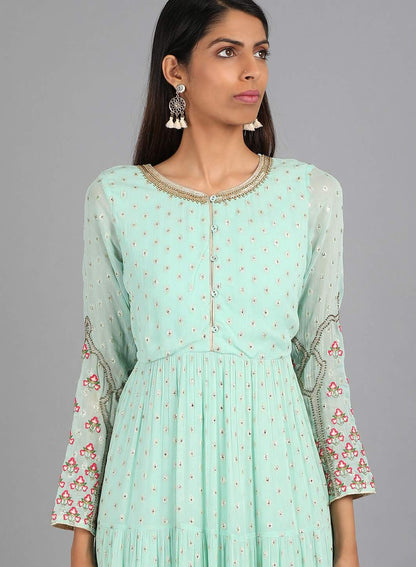 Blue Round Neck Embellished kurta Dress - wforwoman