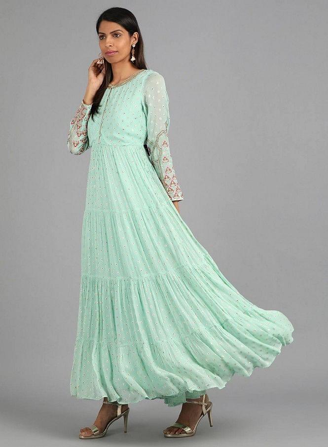 Blue Round Neck Embellished kurta Dress - wforwoman