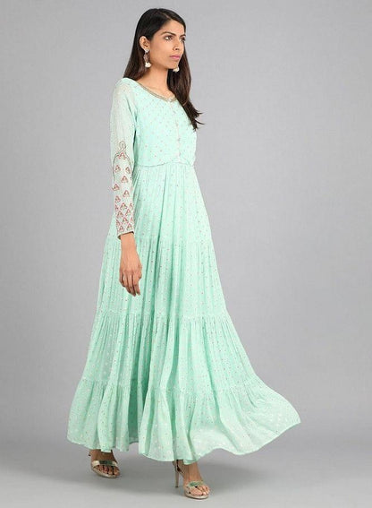 Blue Round Neck Embellished kurta Dress - wforwoman