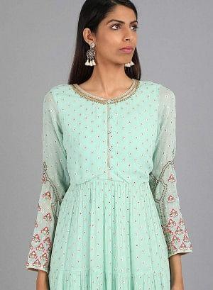 Blue Round Neck Embellished kurta Dress - wforwoman