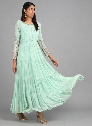 Blue Round Neck Embellished kurta Dress - wforwoman