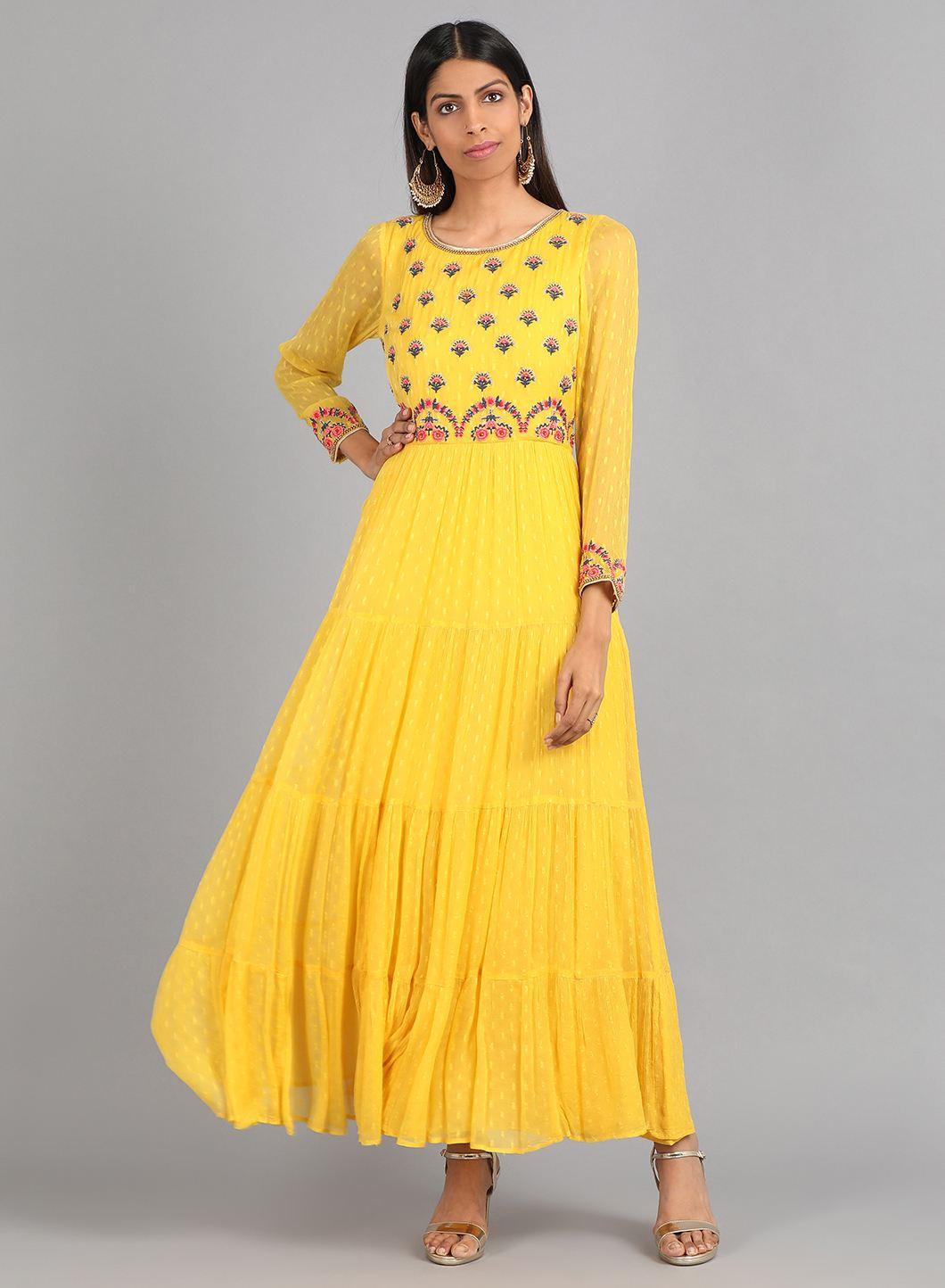 Yellow Round Neck Embellished kurta Dress - wforwoman