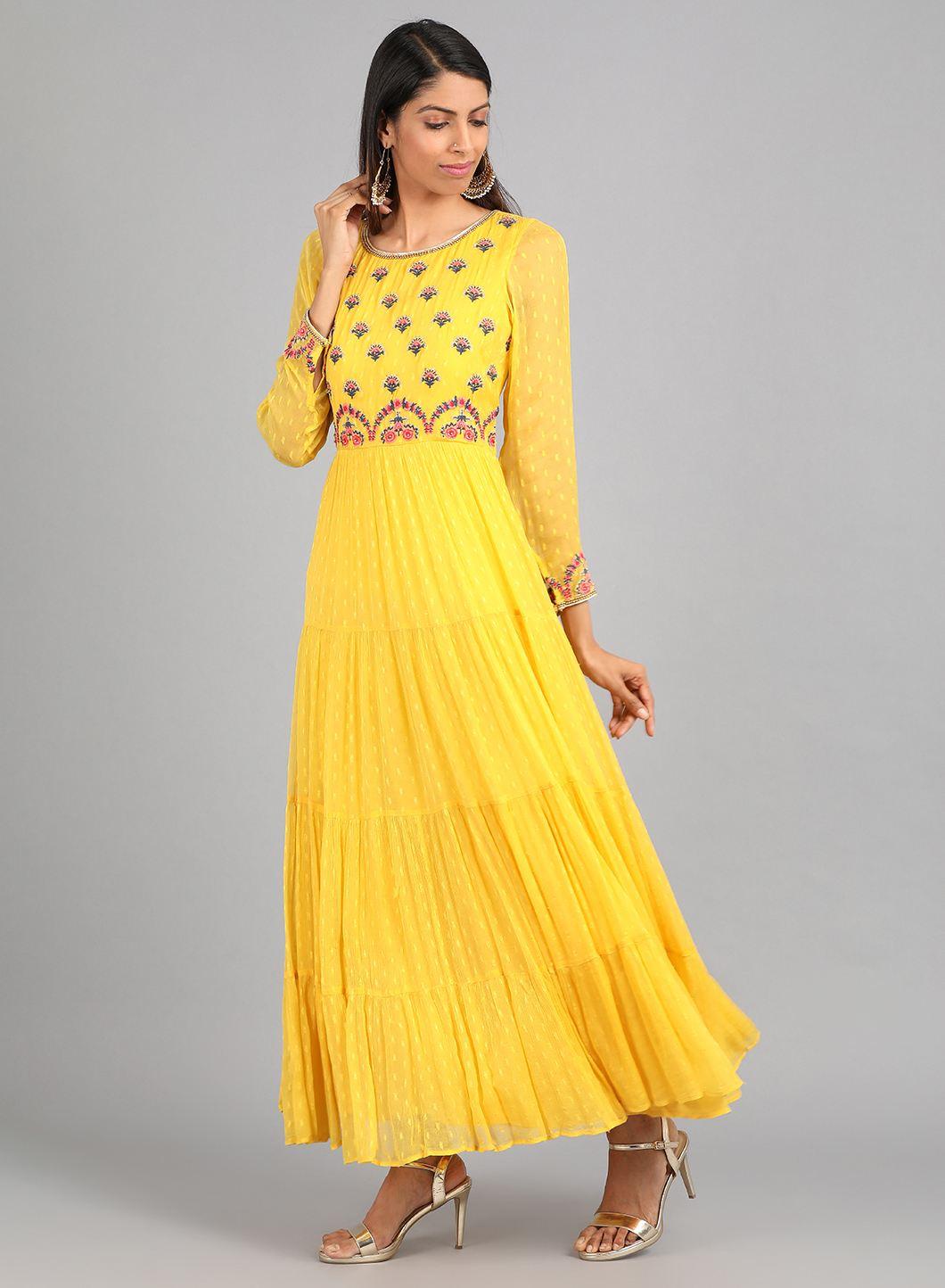 Yellow Round Neck Embellished kurta Dress - wforwoman