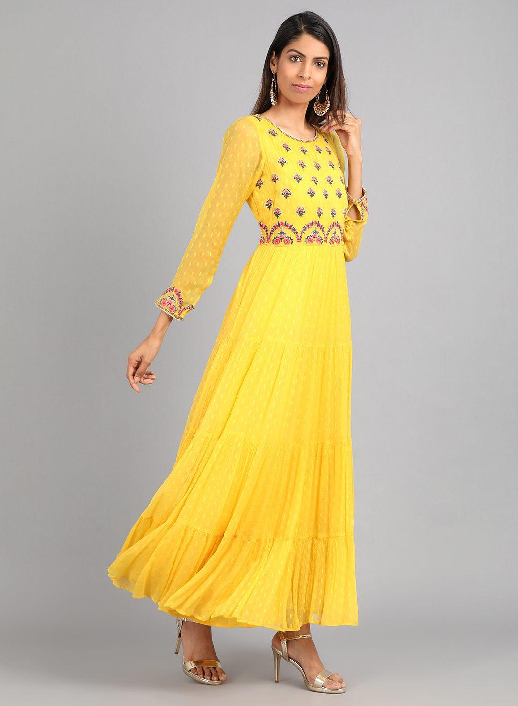 Yellow Round Neck Embellished kurta Dress - wforwoman