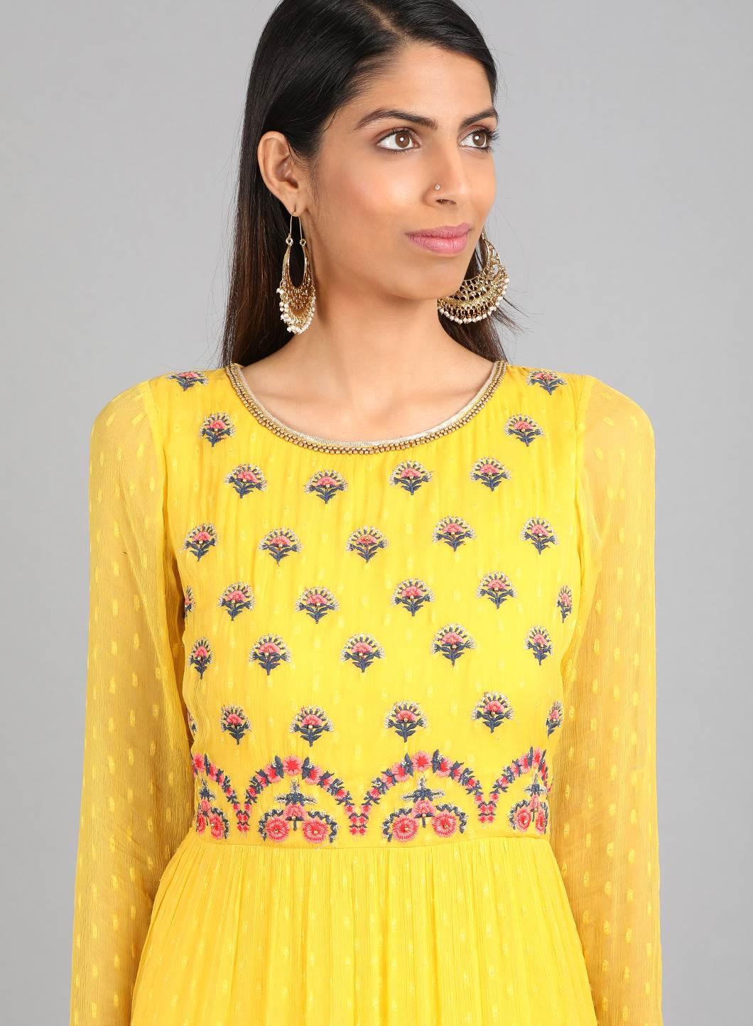 Yellow Round Neck Embellished kurta Dress - wforwoman