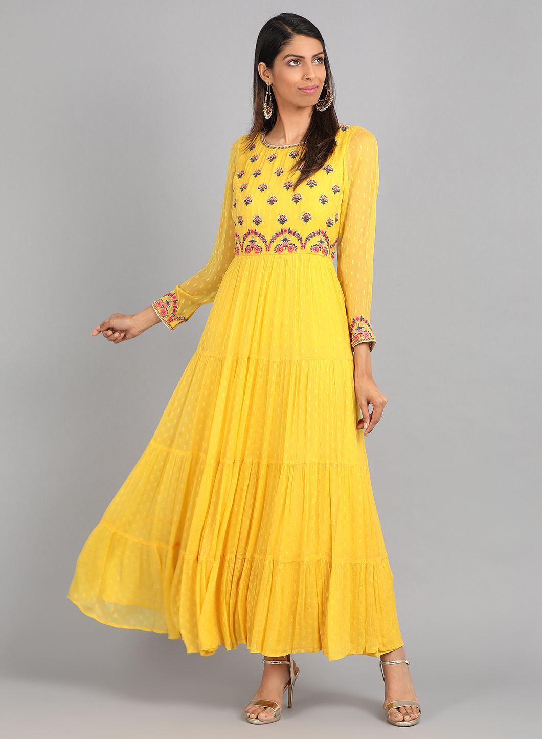 Yellow Round Neck Embellished kurta Dress - wforwoman