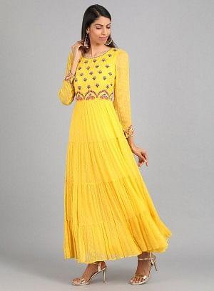 Yellow Round Neck Embellished kurta Dress - wforwoman