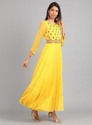 Yellow Round Neck Embellished kurta Dress - wforwoman