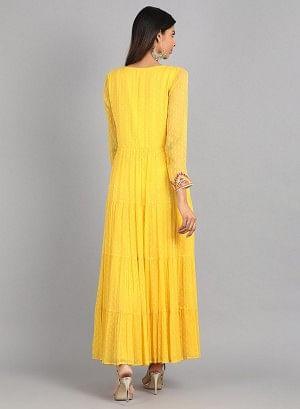 Yellow Round Neck Embellished kurta Dress - wforwoman