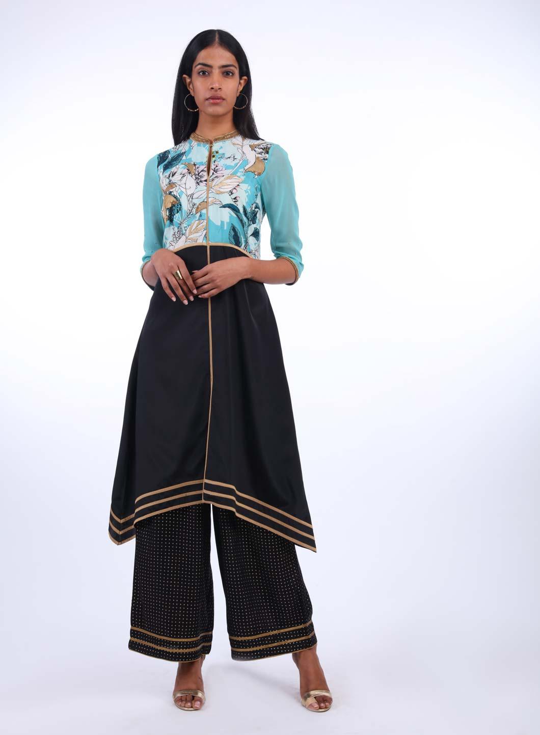 Light Blue Mandarin Neck Printed kurta - wforwoman