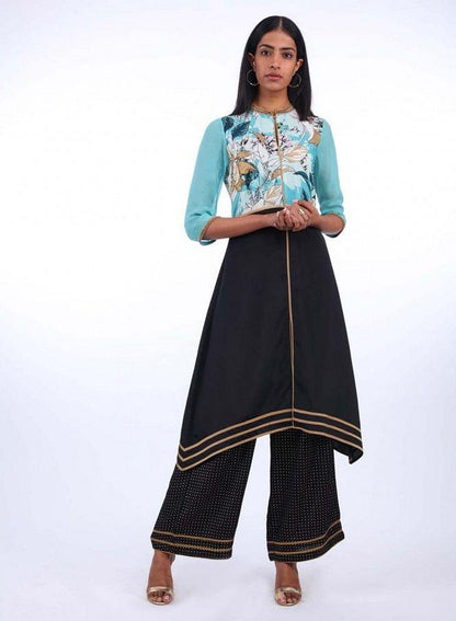 Light Blue Mandarin Neck Printed kurta - wforwoman