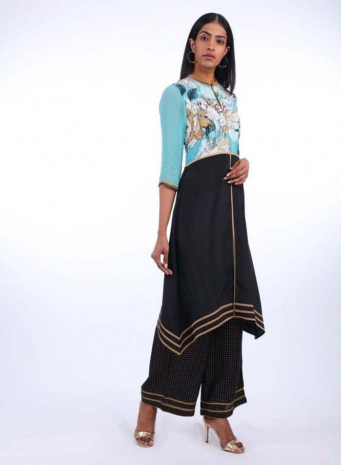 Light Blue Mandarin Neck Printed kurta - wforwoman