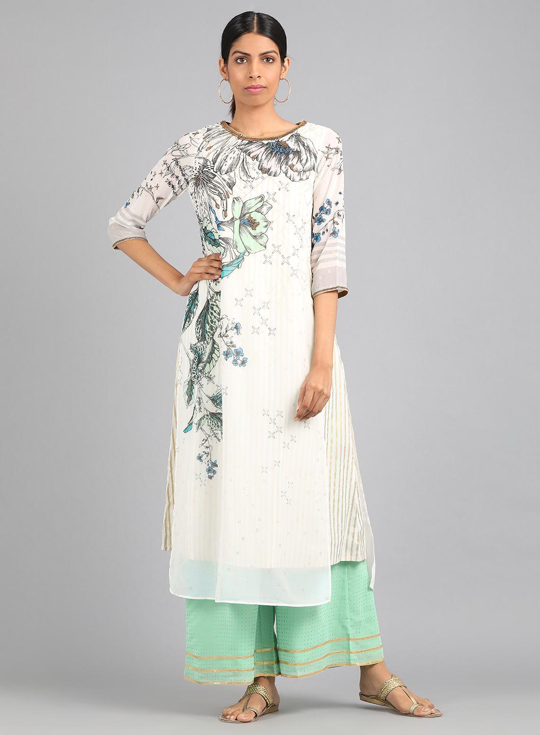 Ecru Round Neck Printed kurta - wforwoman