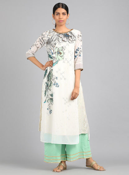 Ecru Round Neck Printed kurta - wforwoman