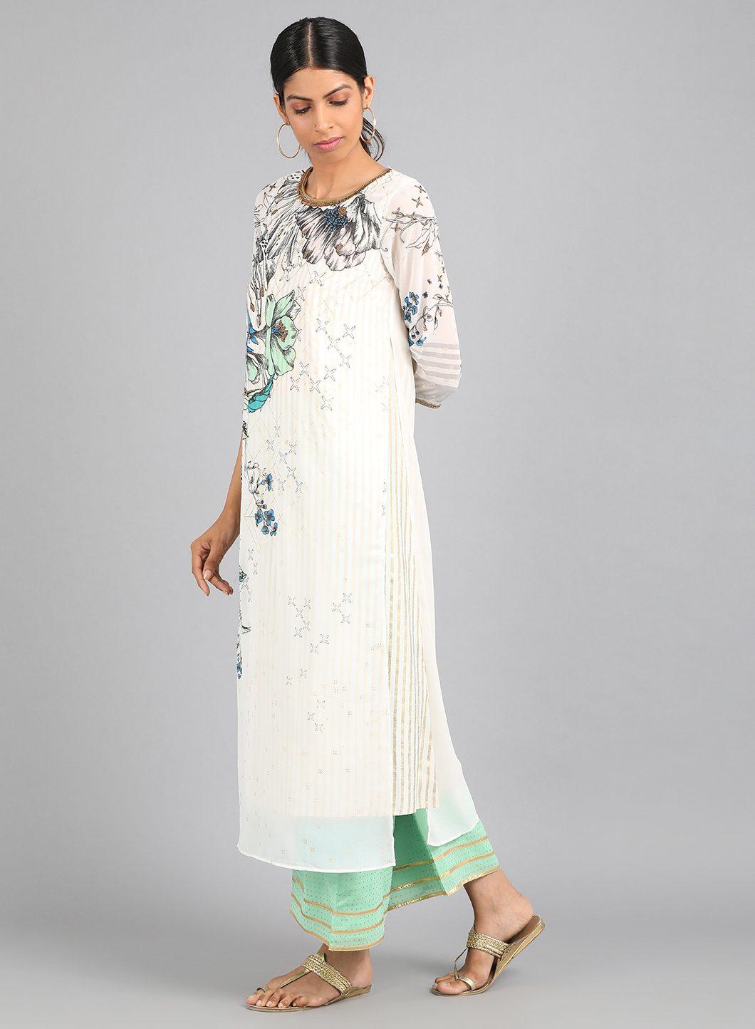 Ecru Round Neck Printed kurta - wforwoman