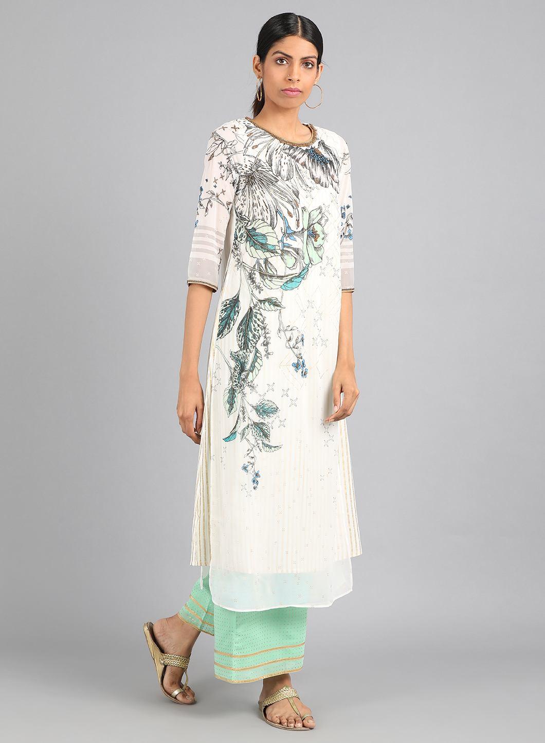 Ecru Round Neck Printed kurta - wforwoman