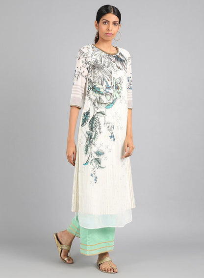 Ecru Round Neck Printed kurta - wforwoman