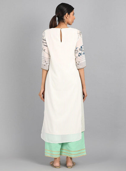 Ecru Round Neck Printed kurta - wforwoman