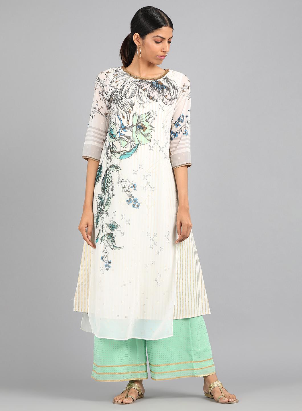 Ecru Round Neck Printed kurta - wforwoman