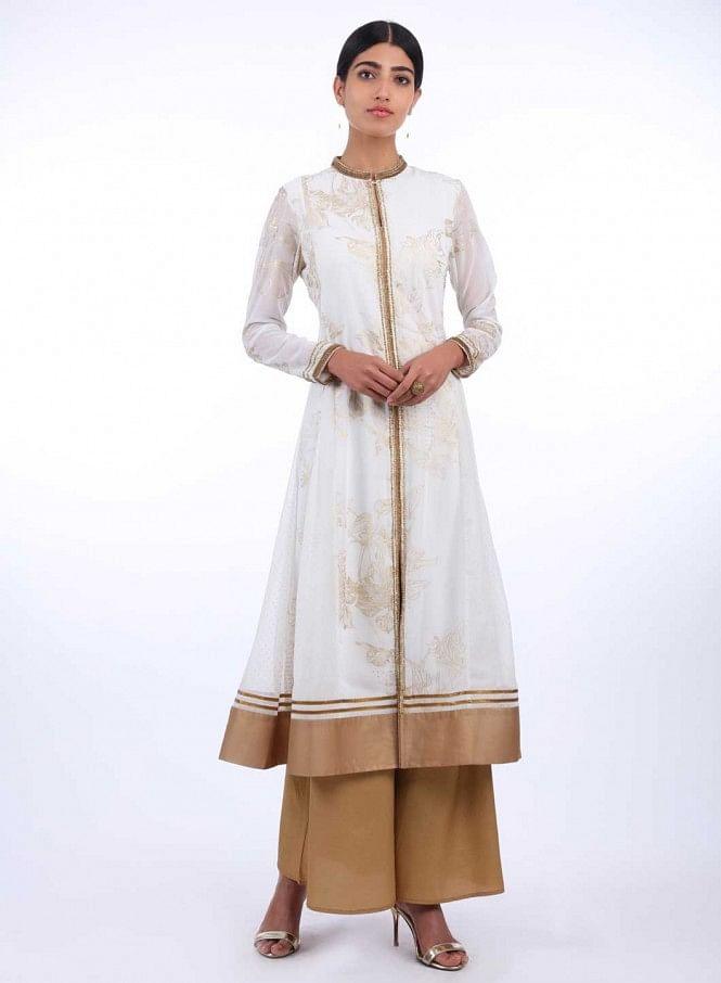 White Mandarin Neck Printed kurta - wforwoman