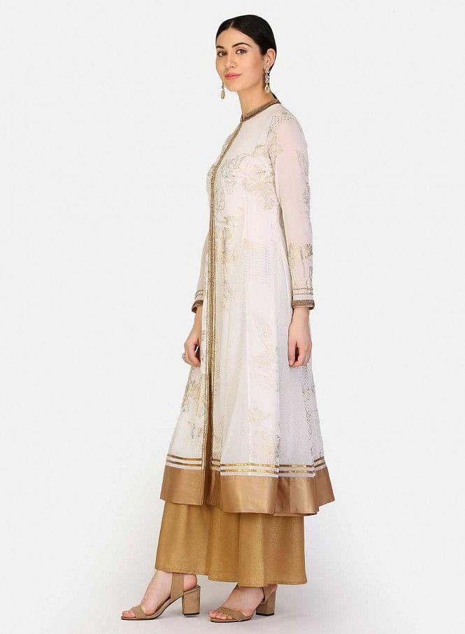 White Mandarin Neck Printed kurta - wforwoman