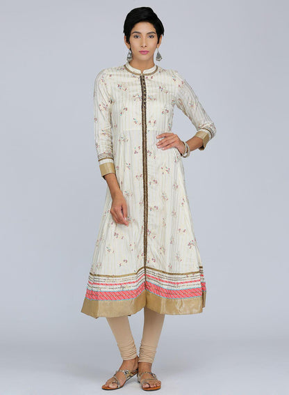 Off-White Mandarin Neck Floral Print kurta - wforwoman