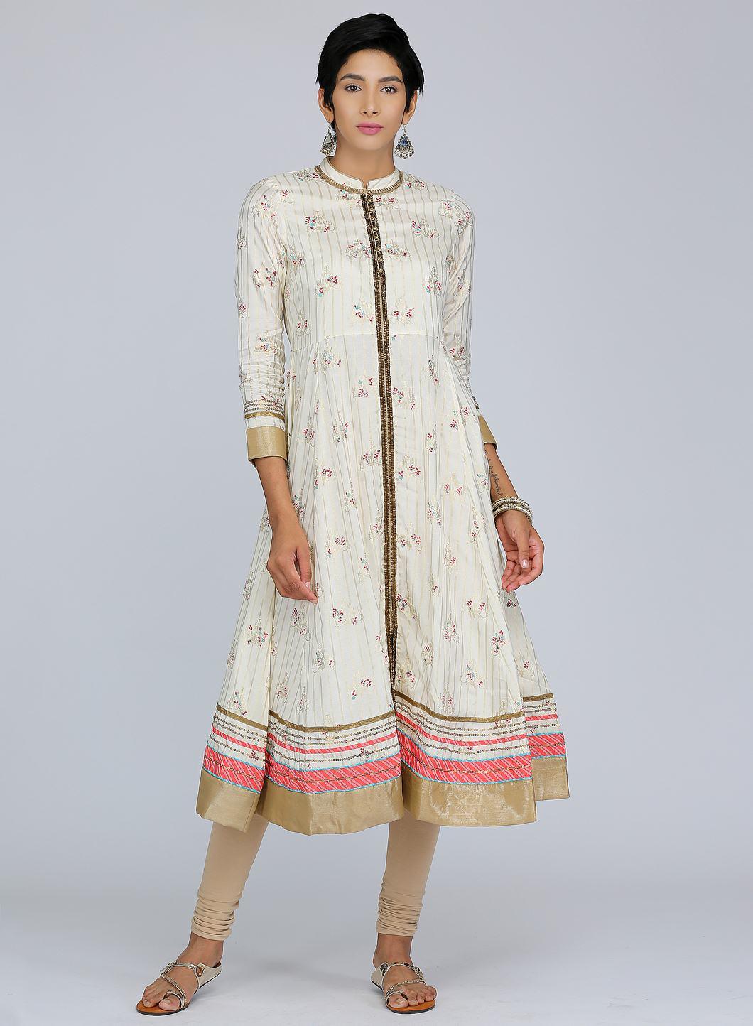 Off-White Mandarin Neck Floral Print kurta - wforwoman