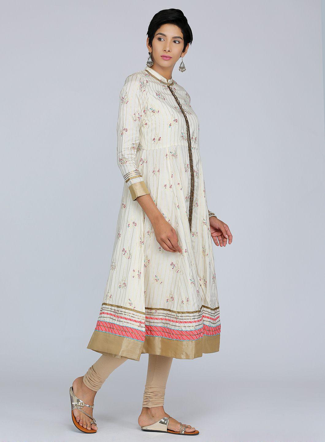 Off-White Mandarin Neck Floral Print kurta - wforwoman