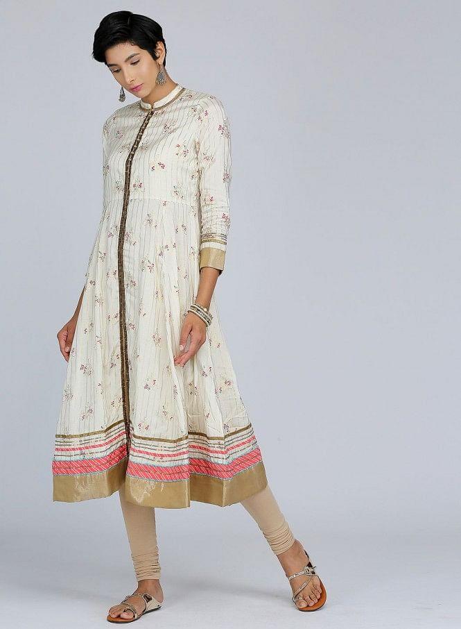 Off-White Mandarin Neck Floral Print kurta - wforwoman