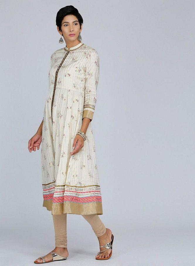 Off-White Mandarin Neck Floral Print kurta - wforwoman