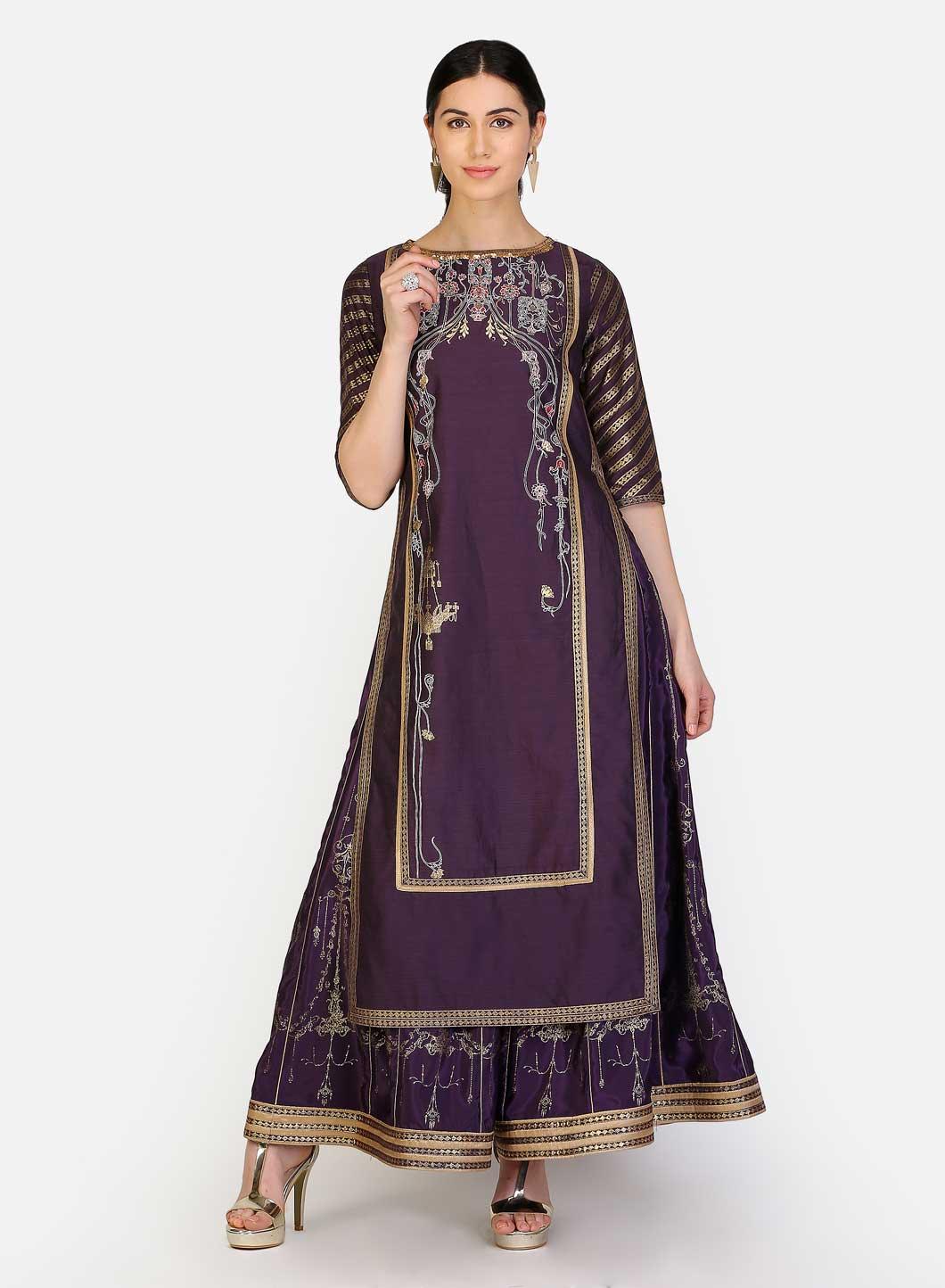 Purple Round Neck Embellished Straight kurta - wforwoman