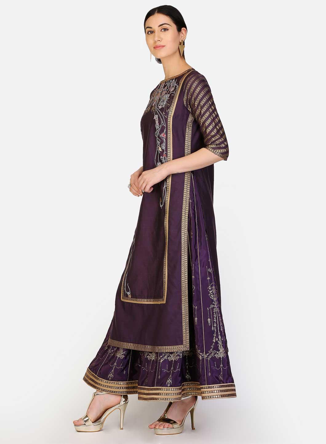 Purple Round Neck Embellished Straight kurta - wforwoman