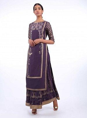 Purple Round Neck Embellished Straight kurta - wforwoman