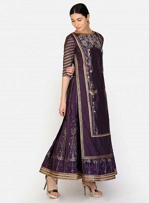 Purple Round Neck Embellished Straight kurta - wforwoman