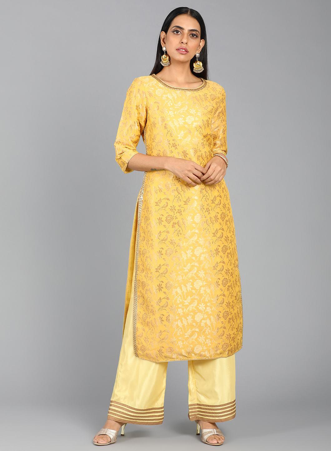 Yellow Round Neck Embellished kurta - wforwoman