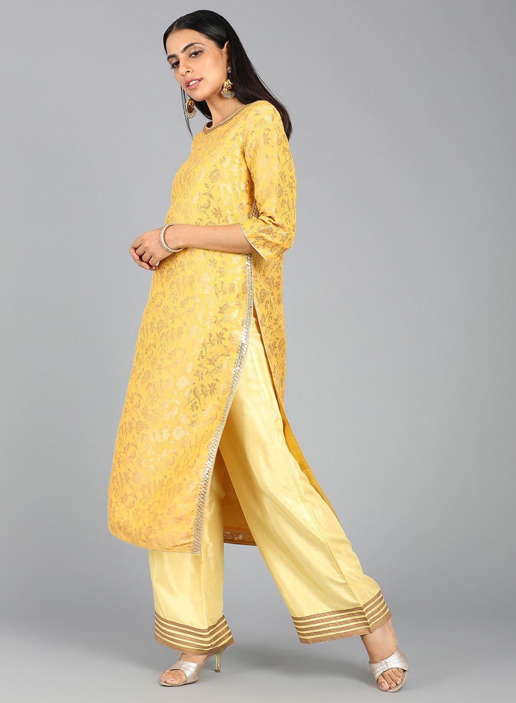 Yellow Round Neck Embellished kurta - wforwoman