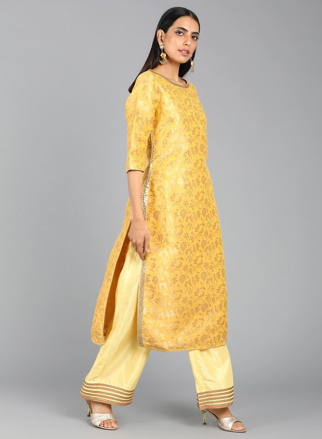 Yellow Round Neck Embellished kurta - wforwoman