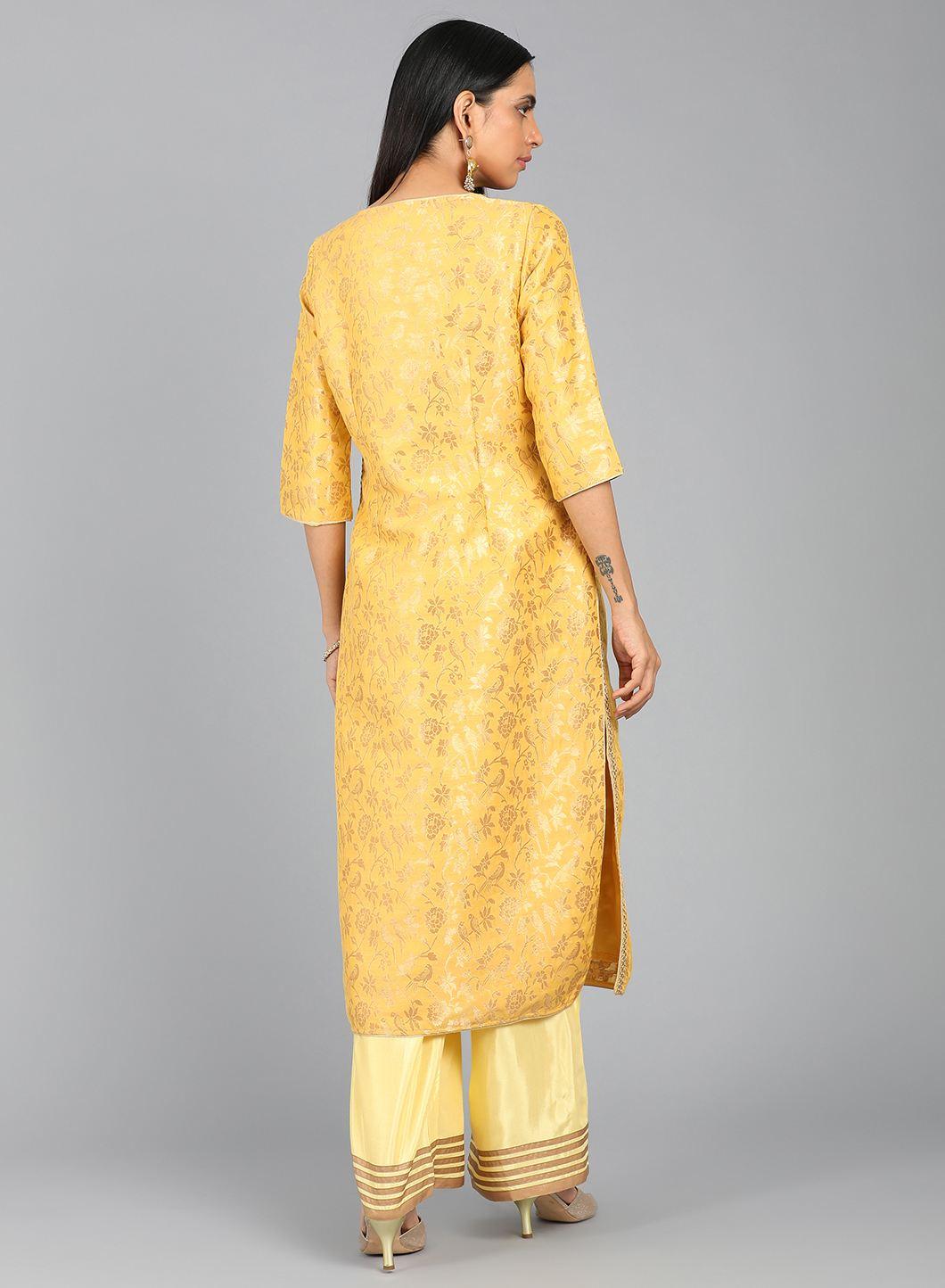 Yellow Round Neck Embellished kurta - wforwoman