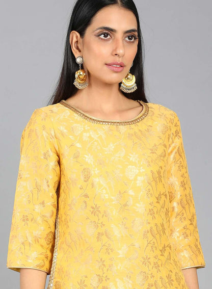 Yellow Round Neck Embellished kurta - wforwoman