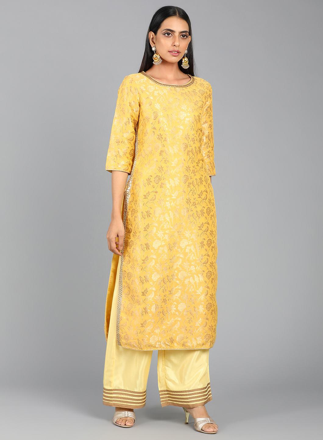 Yellow Round Neck Embellished kurta - wforwoman