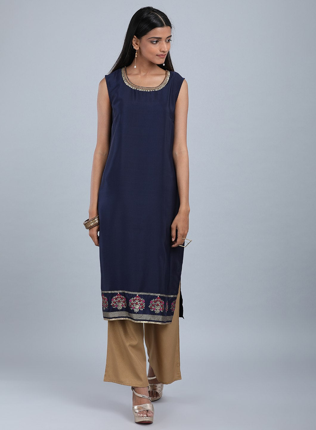 Blue Mandarin Neck Printed kurta