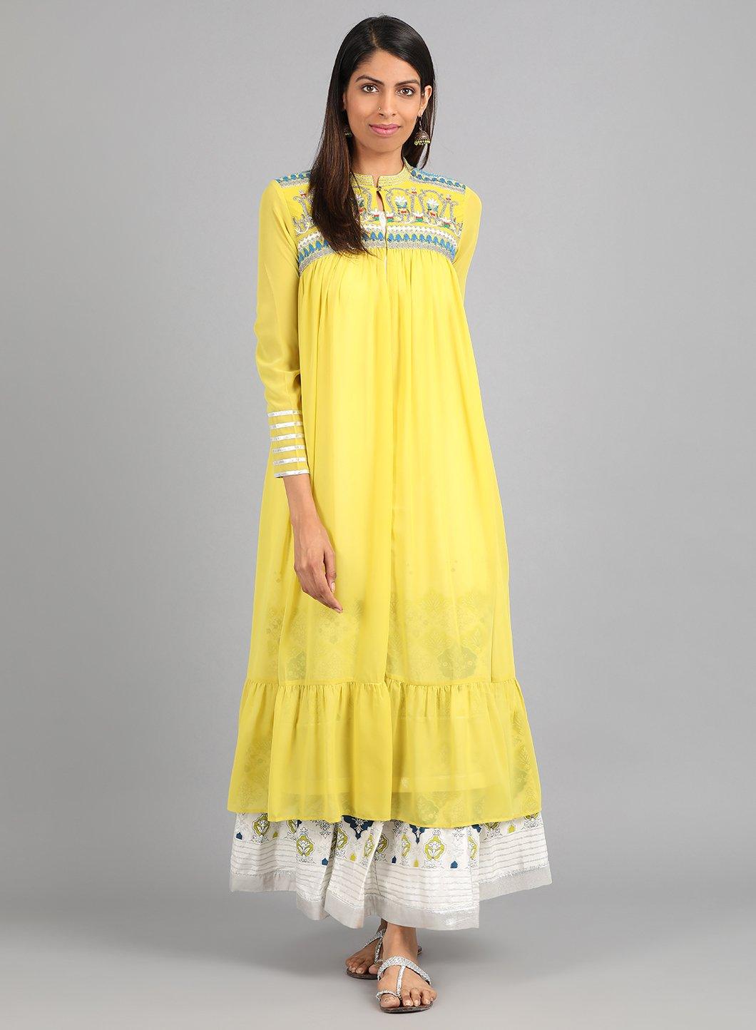 Green Mandarin Neck Layered kurta - wforwoman