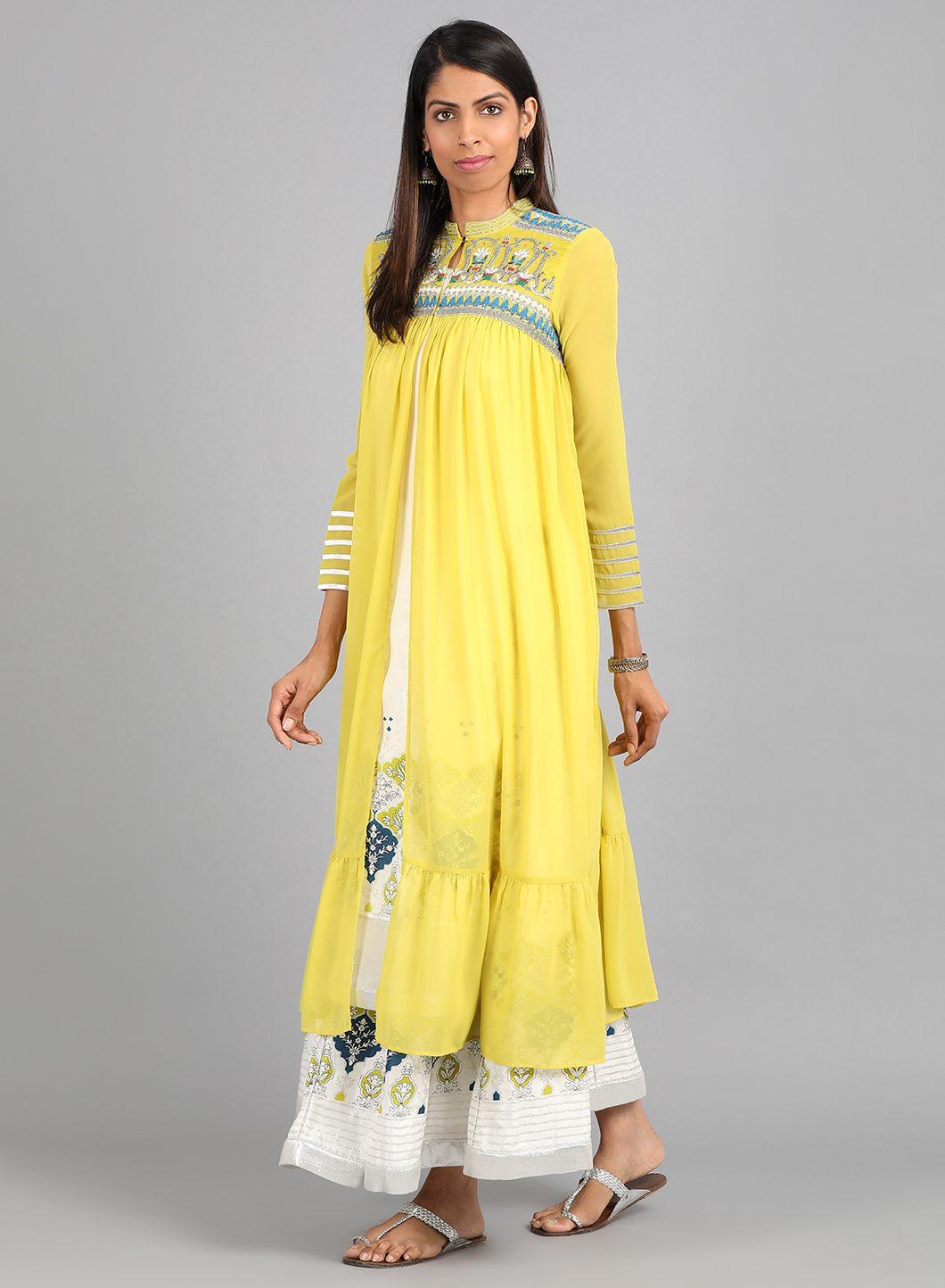 Green Mandarin Neck Layered kurta - wforwoman