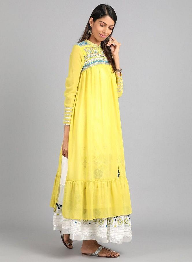 Green Mandarin Neck Layered kurta - wforwoman