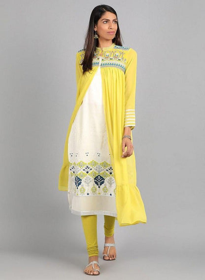 Green Mandarin Neck Layered kurta - wforwoman