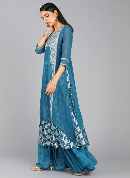 Blue Round Neck Layered Printed kurta - wforwoman