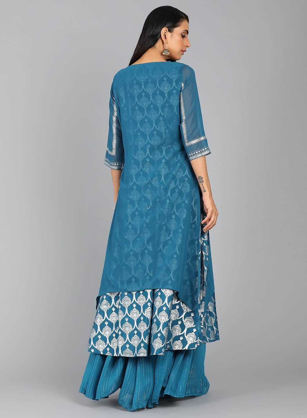 Blue Round Neck Layered Printed kurta - wforwoman