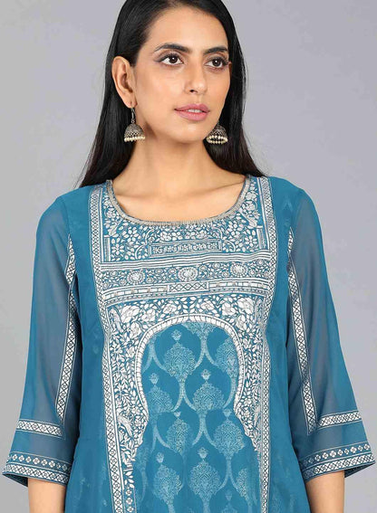 Blue Round Neck Layered Printed kurta - wforwoman